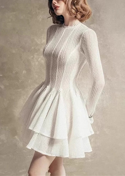 Zippered High Slim Waist Dress Lace Fall Fit White Mid FashionChic