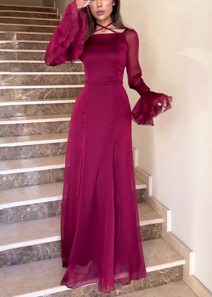 Slim Fit Wine Red Square Collar Solid Chiffon Dress Flare Sleeve QL015 OM-ZS241023