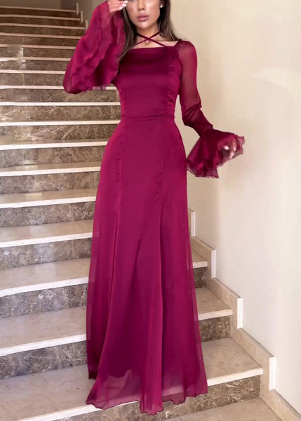 Slim Fit Wine Red Square Collar Solid Chiffon Dress Flare Sleeve QL015 OM-ZS241023