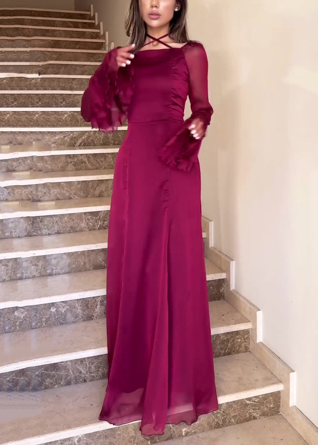 Slim Fit Wine Red Square Collar Solid Chiffon Dress Flare Sleeve QL015 OM-ZS241023