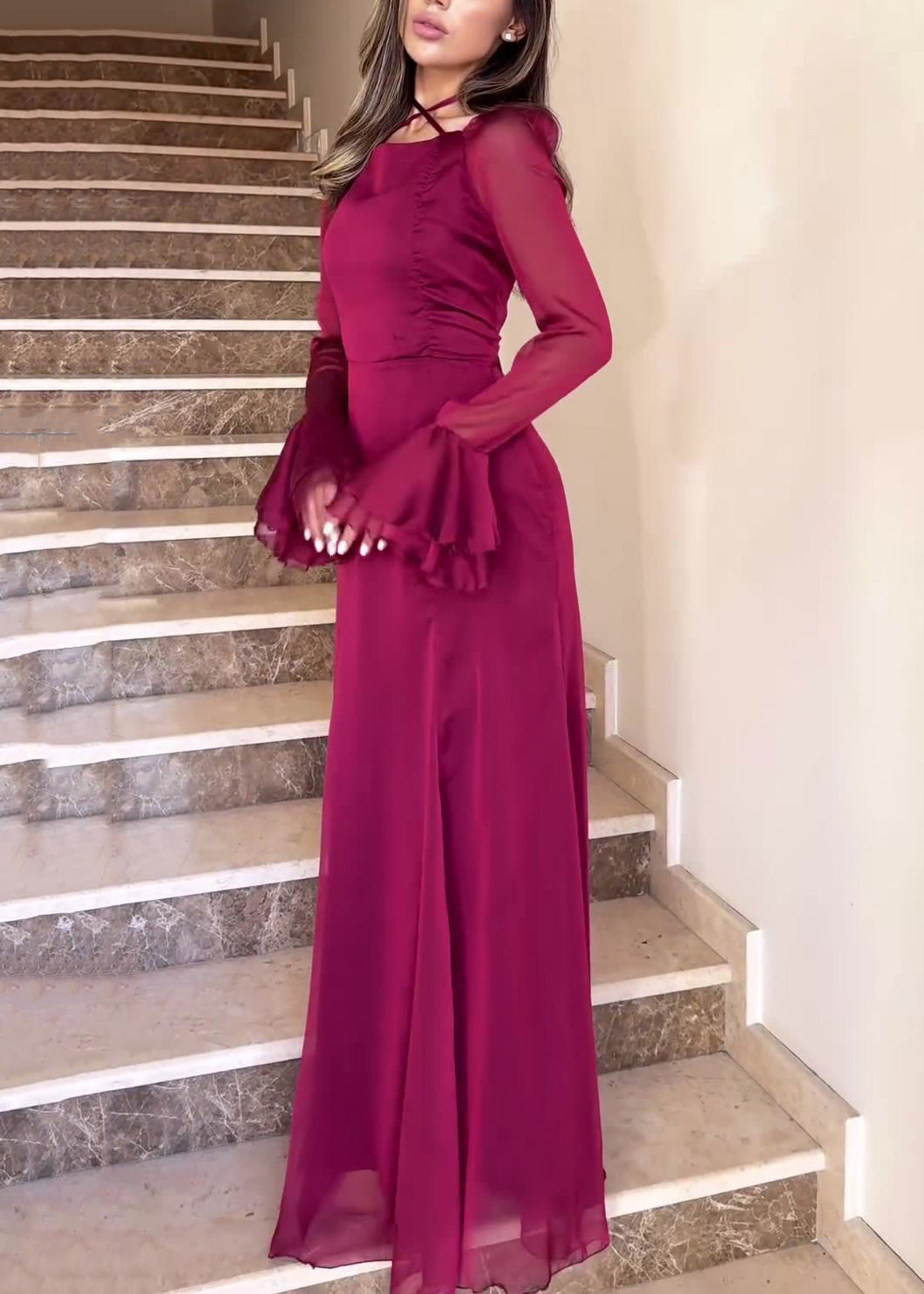 Slim Fit Wine Red Square Collar Solid Chiffon Dress Flare Sleeve QL015 OM-ZS241023