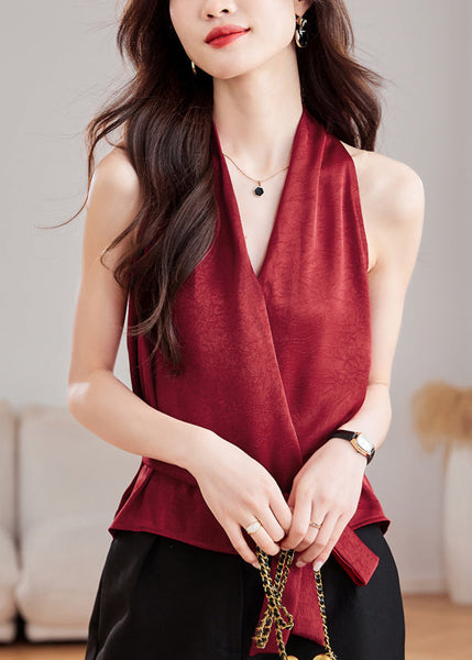 Fit Slim Tank Sleeveless Silk Red Wine Tie Waist V Neck FashionChic