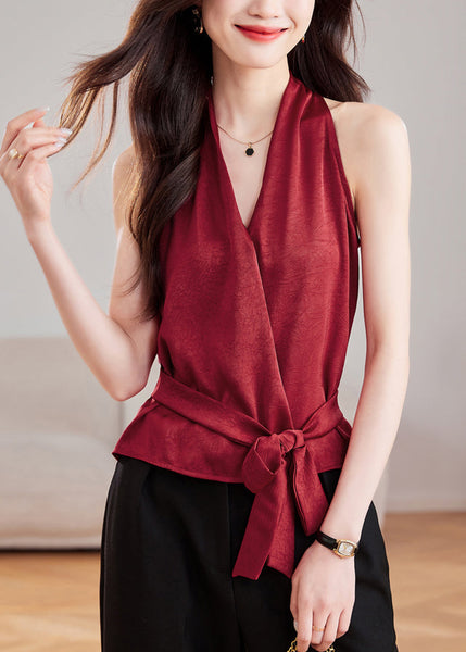 Fit Slim Tank Sleeveless Silk Red Wine Tie Waist V Neck FashionChic