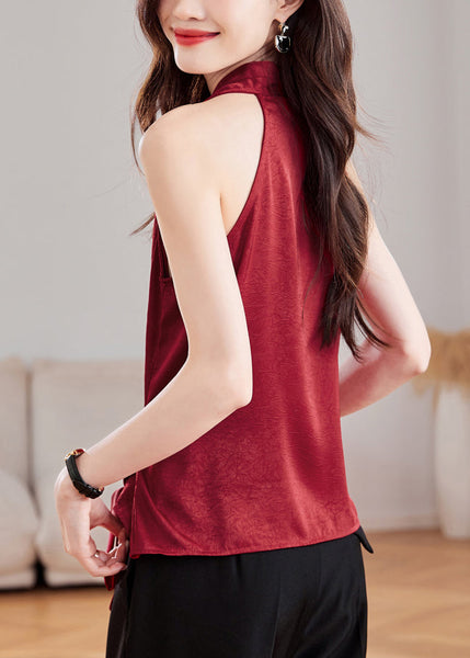 Fit Slim Tank Sleeveless Silk Red Wine Tie Waist V Neck FashionChic