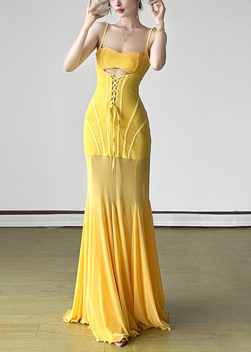 Tulle Lace Up Slim Yellow High Dress Fit Spaghetti Strap Waist FashionChic
