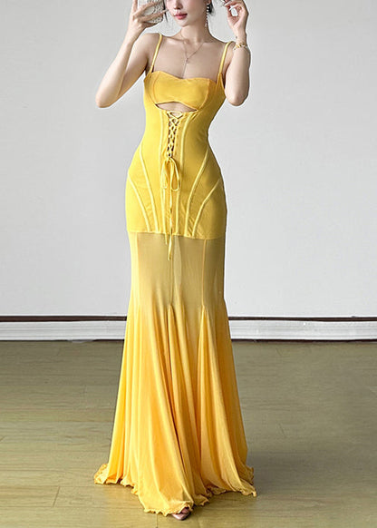 Tulle Lace Up Slim Yellow High Dress Fit Spaghetti Strap Waist FashionChic