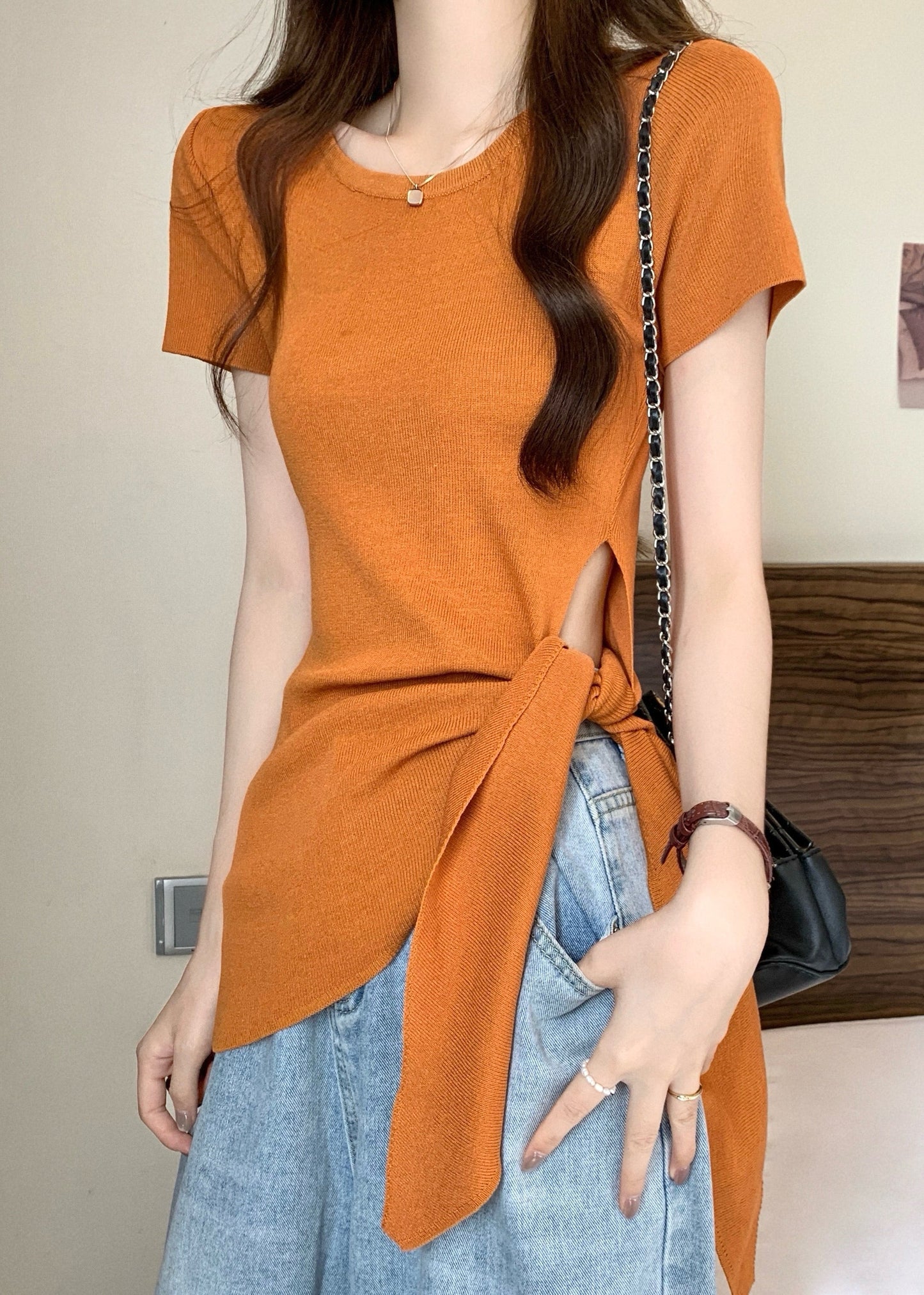 Slim Fit Summer Hollow Bow Asymmetrical Top O-Neck Out Yellow FashionChic