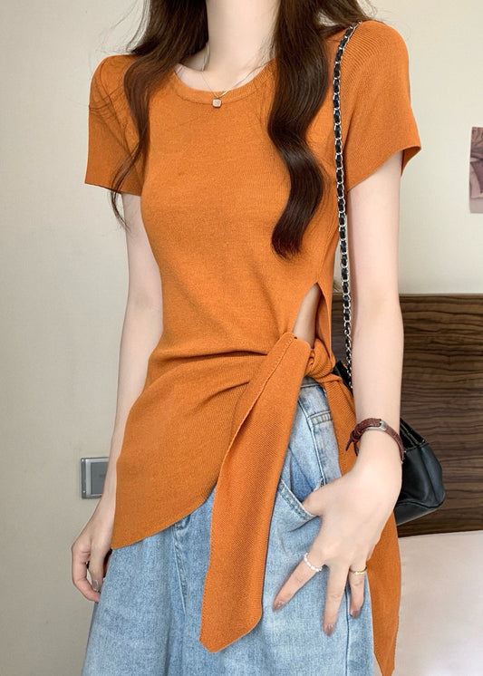 Slim Fit Summer Hollow Bow Asymmetrical Top O-Neck Out Yellow FashionChic
