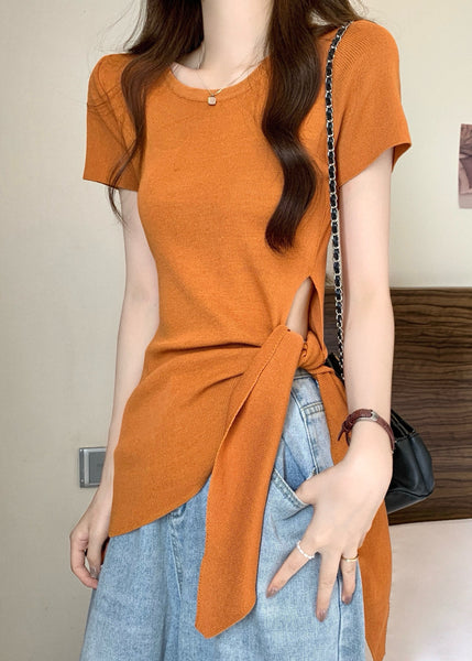Slim Fit Summer Hollow Bow Asymmetrical Top O-Neck Out Yellow FashionChic