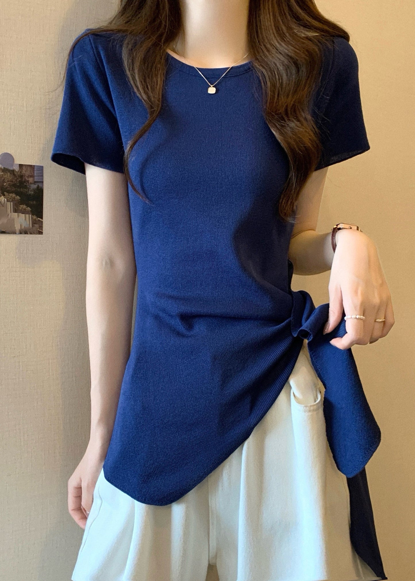 Slim Fit Summer Hollow Bow Asymmetrical Top O-Neck Out Yellow FashionChic