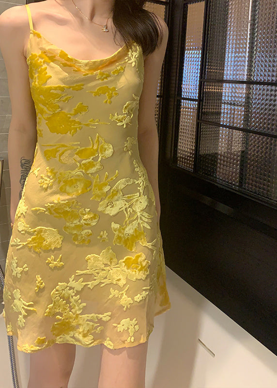 Slim Fit Yellow O Neck Solid Silk Spaghetti Strap Dress Sleeveless OP1035 Ada Fashion