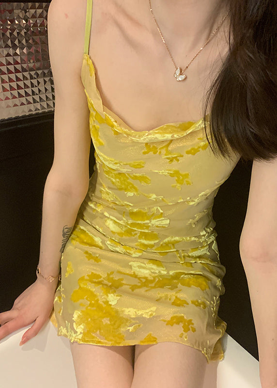 Slim Fit Yellow O Neck Solid Silk Spaghetti Strap Dress Sleeveless OP1035 Ada Fashion