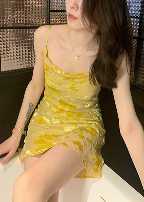 Slim Fit Yellow O Neck Solid Silk Spaghetti Strap Dress Sleeveless OP1035 Ada Fashion
