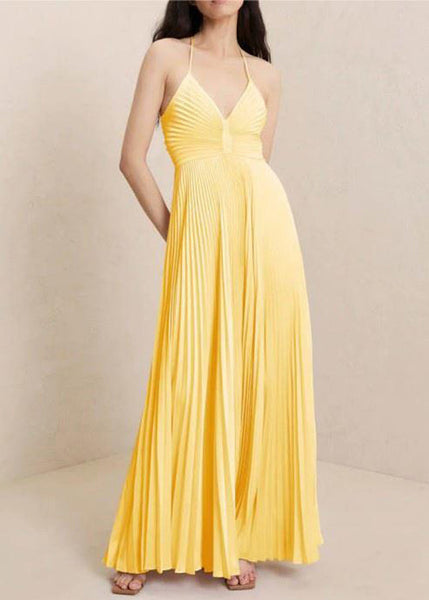 Slim Fit Yellow V Neck Wrinkled Cotton Spaghetti Strap Dress Sleeveless WW1059 Ada Fashion