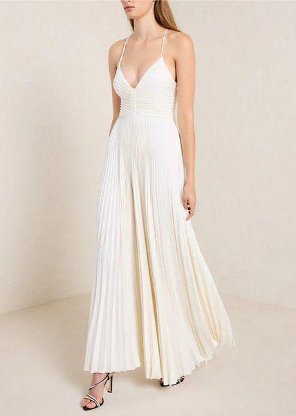 Slim Fit Yellow V Neck Wrinkled Cotton Spaghetti Strap Dress Sleeveless WW1059 Ada Fashion