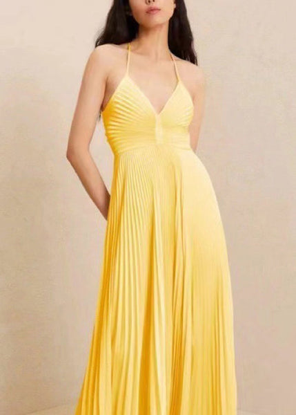 Slim Fit Yellow V Neck Wrinkled Cotton Spaghetti Strap Dress Sleeveless WW1059 Ada Fashion