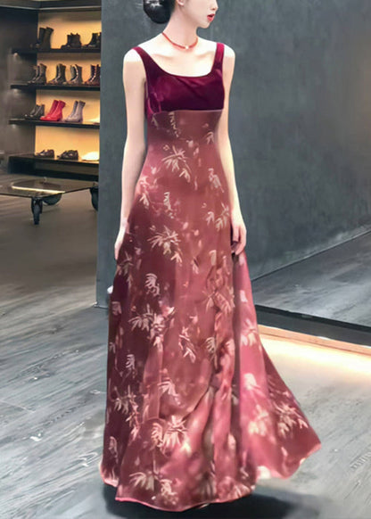 Slim Red Print High Waist Silk Long Dress Sleeveless ZL073 SH-LF-SDL240621