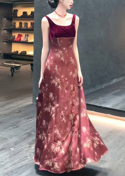 Slim Red Print High Waist Silk Long Dress Sleeveless ZL073 SH-LF-SDL240621