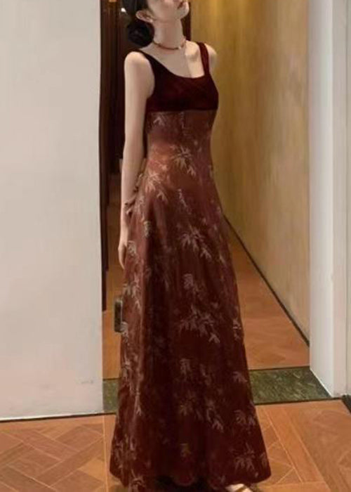 Slim Red Print High Waist Silk Long Dress Sleeveless ZL073 SH-LF-SDL240621