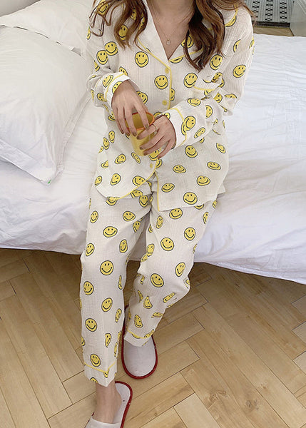 Long Sleeve Pajama Cotton Notched Print Sets Smile FashionChic