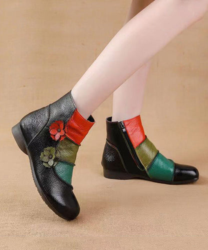 Soft Cowhide Leather Boots Boho Black Splicing Floral RD008 ABC