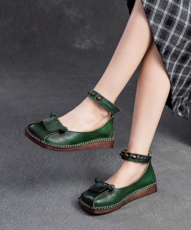Soft Green Cowhide Leather Splicing Buckle Strap Flats Shoes SL1021 Ada Fashion