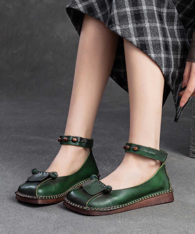 Soft Green Cowhide Leather Splicing Buckle Strap Flats Shoes SL1021 Ada Fashion