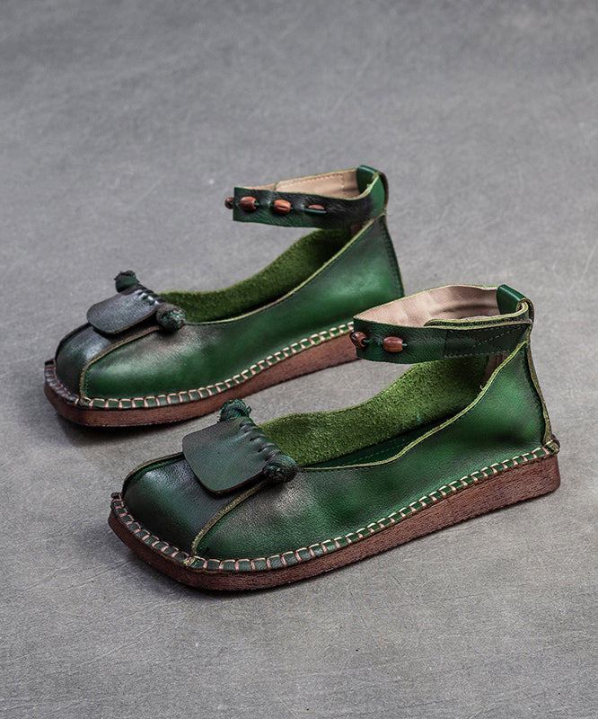 Soft Green Cowhide Leather Splicing Buckle Strap Flats Shoes SL1021 Ada Fashion