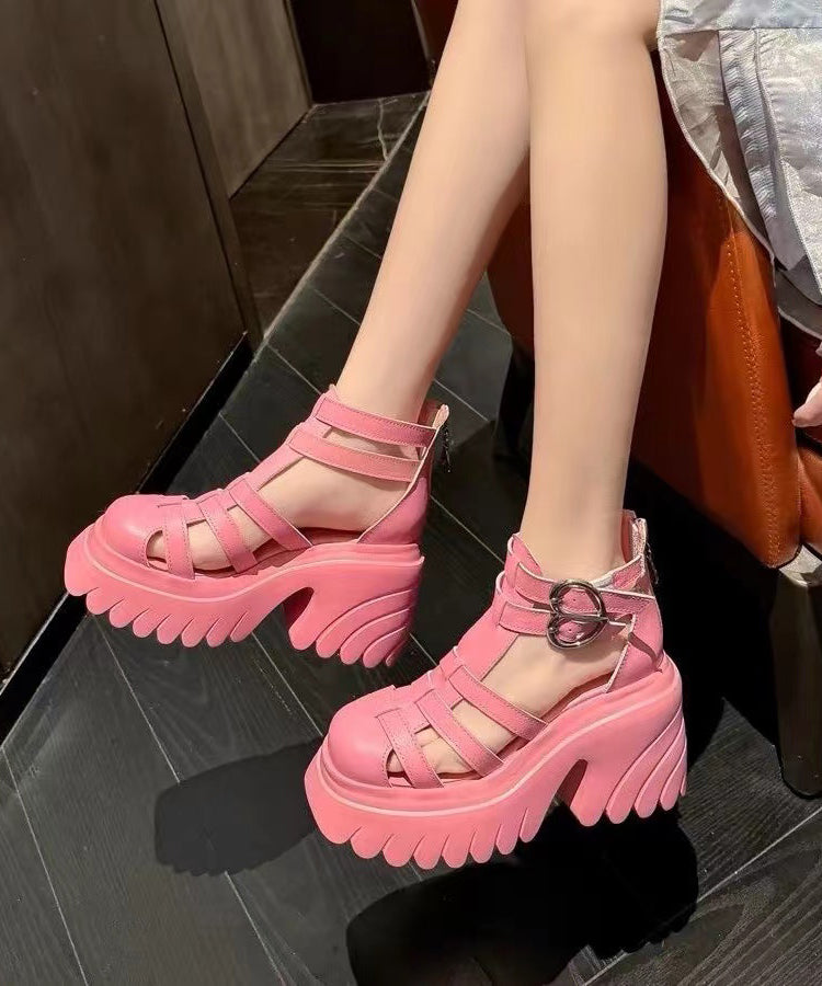 Soft Splicing Hollow Out Chunky Sandals Pink Cowhide Leather JJ071 Shoe-LX240609