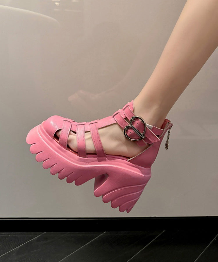 Soft Splicing Hollow Out Chunky Sandals Pink Cowhide Leather JJ071 Shoe-LX240609