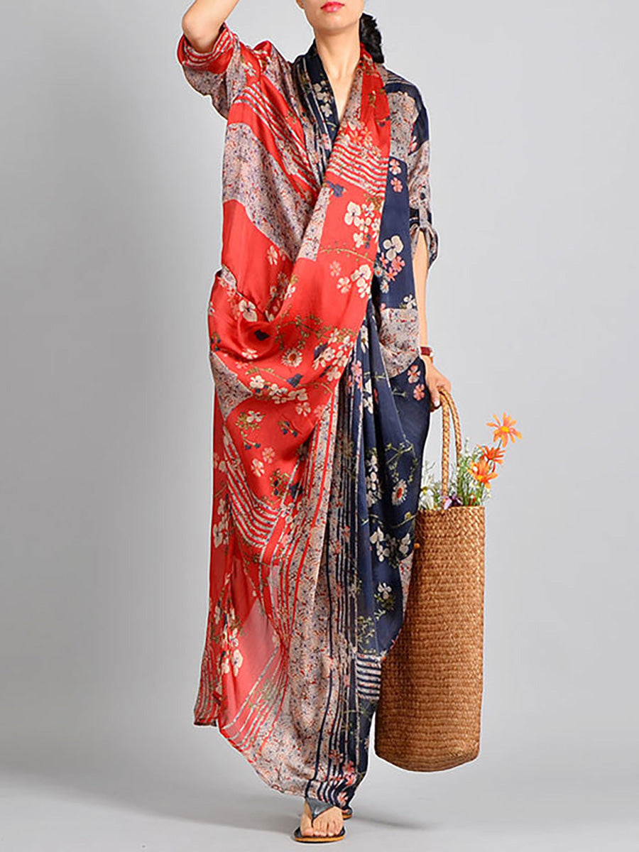 Plus Size Spliced Floral Print Vintage Tencel Women Dress RR1031 Buykud