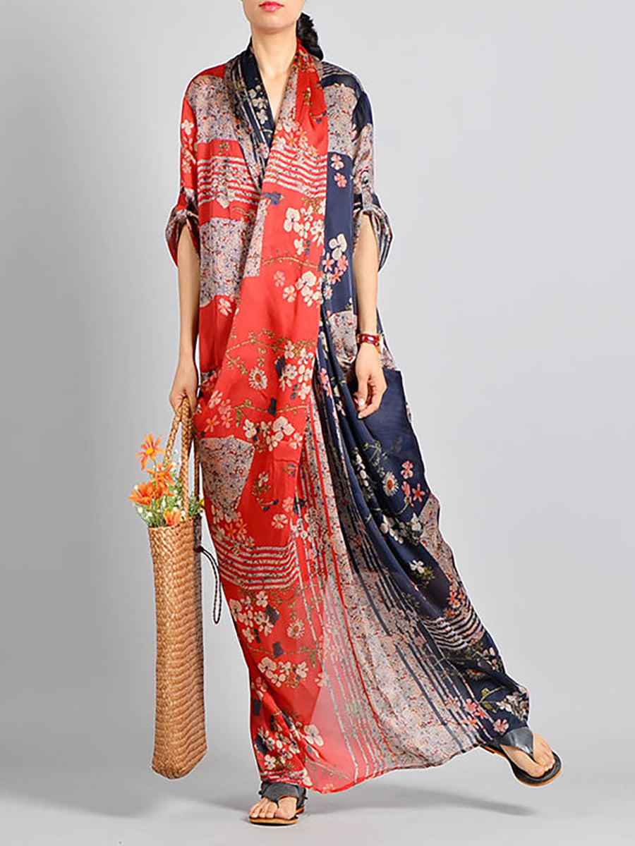Plus Size Spliced Floral Print Vintage Tencel Women Dress RR1031 Buykud