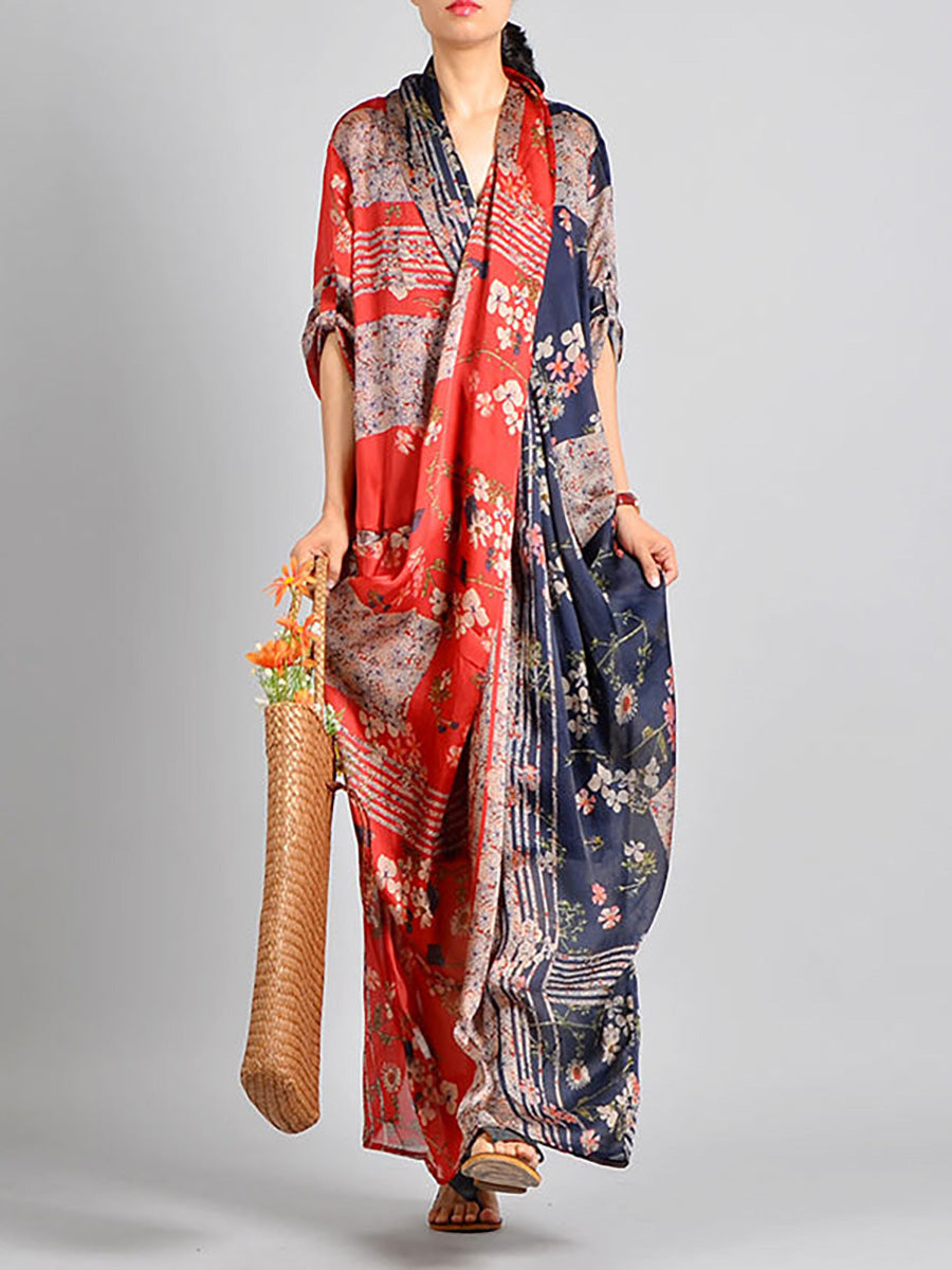 Plus Size Spliced Floral Print Vintage Tencel Women Dress RR1031 Buykud