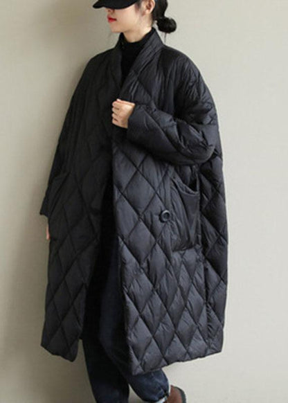 Street Black Stand Collar Button Pockets Winter Down Coat Long sleeve QS038 WT-WG-DJK210914