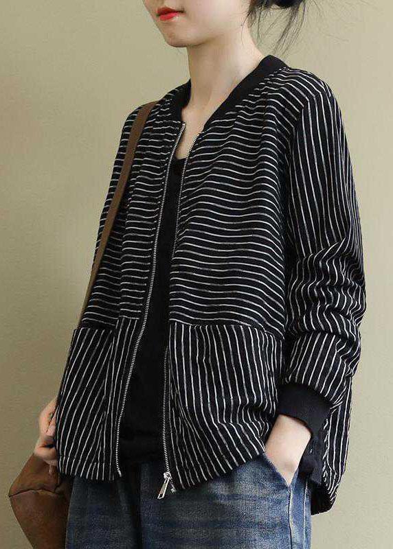 Street Black Striped zippered Pockets Fall Jacket Long sleeve QS060 WT-WG-CTS210914