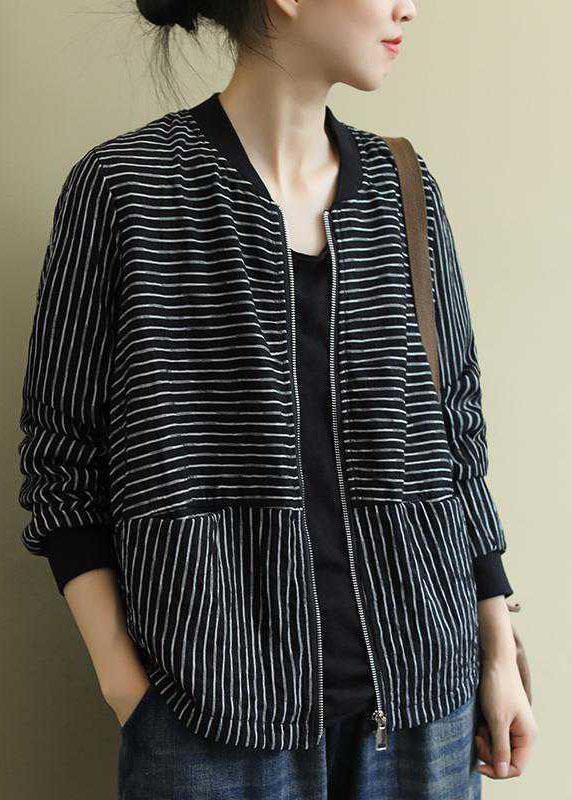 Street Black Striped zippered Pockets Fall Jacket Long sleeve QS060 WT-WG-CTS210914