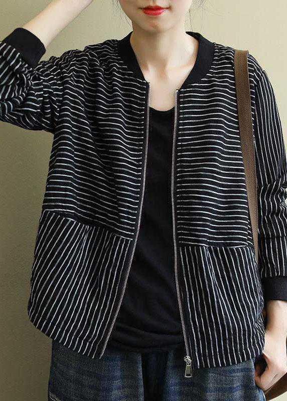 Street Black Striped zippered Pockets Fall Jacket Long sleeve QS060 WT-WG-CTS210914