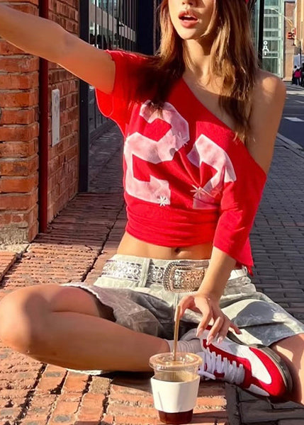 Print T Shoulder Cotton Shirt Streetwear Cold Summer Red FashionChic