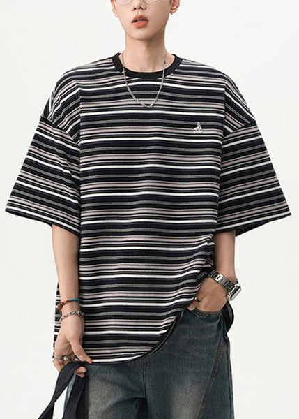 Cotton T Black Shirts Mens O Striped Cozy Summer Neck FashionChic