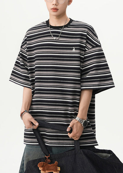 Cotton T Black Shirts Mens O Striped Cozy Summer Neck FashionChic