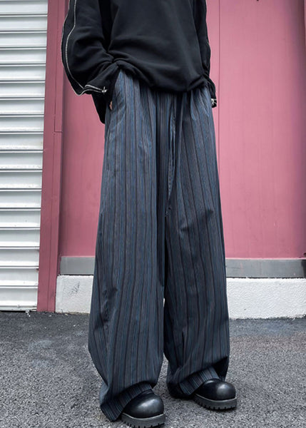 Wide Striped Leg Pockets Cotton Pants Waist Elastic Mens Black FashionChic