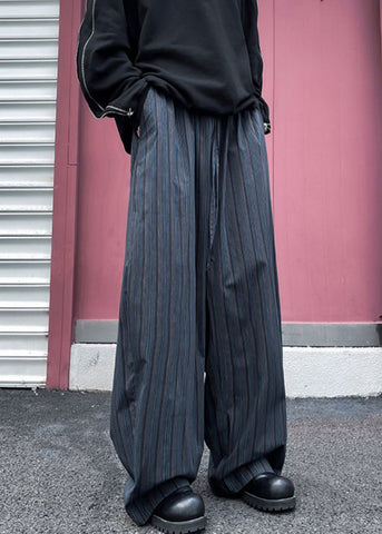 Wide Striped Leg Pockets Cotton Pants Waist Elastic Mens Black FashionChic