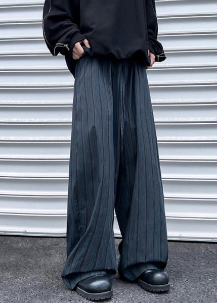 Wide Striped Leg Pockets Cotton Pants Waist Elastic Mens Black FashionChic
