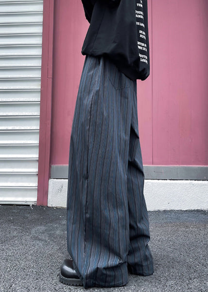 Wide Striped Leg Pockets Cotton Pants Waist Elastic Mens Black FashionChic