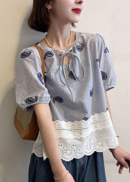 Cotton Blue Striped Blouse Hollow Patchwork Embroidered Out FashionChic