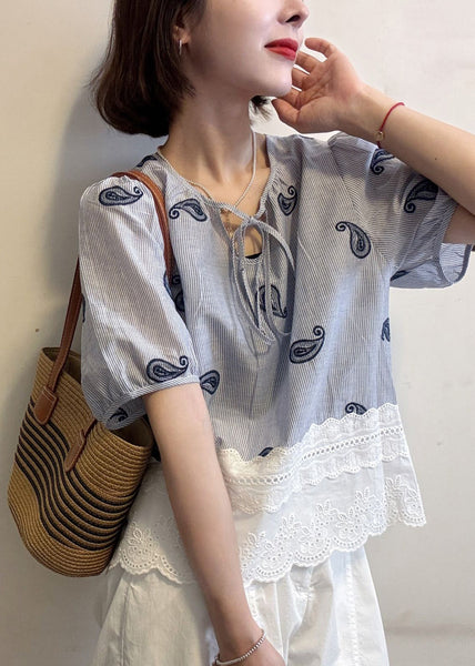 Cotton Blue Striped Blouse Hollow Patchwork Embroidered Out FashionChic