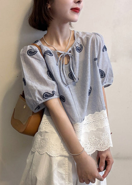 Cotton Blue Striped Blouse Hollow Patchwork Embroidered Out FashionChic
