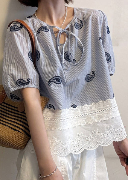 Cotton Blue Striped Blouse Hollow Patchwork Embroidered Out FashionChic