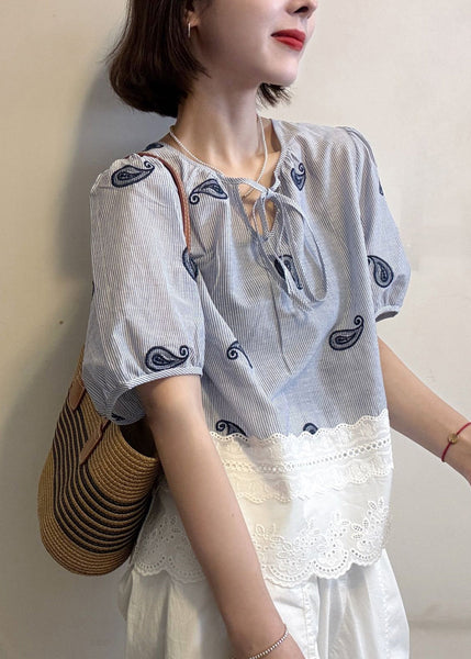 Cotton Blue Striped Blouse Hollow Patchwork Embroidered Out FashionChic