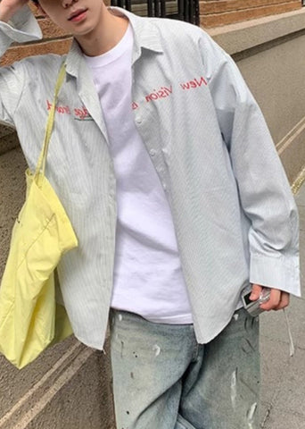 Cotton Men Shirts Striped Collar Blue Letter Spring Peter Pan FashionChic